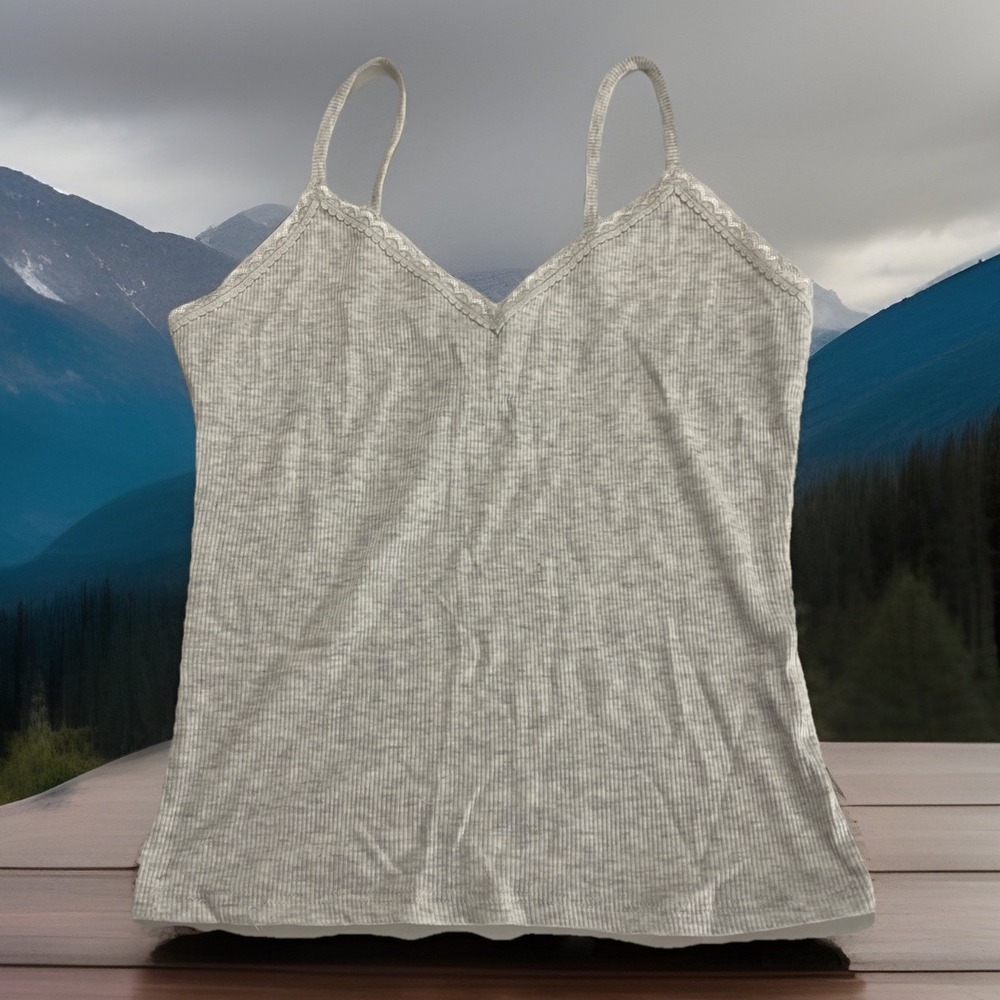 New Bozzolo Women Sz L Gray Y2K Lace Trim comfy Cami Top Soft Spandex Blend
